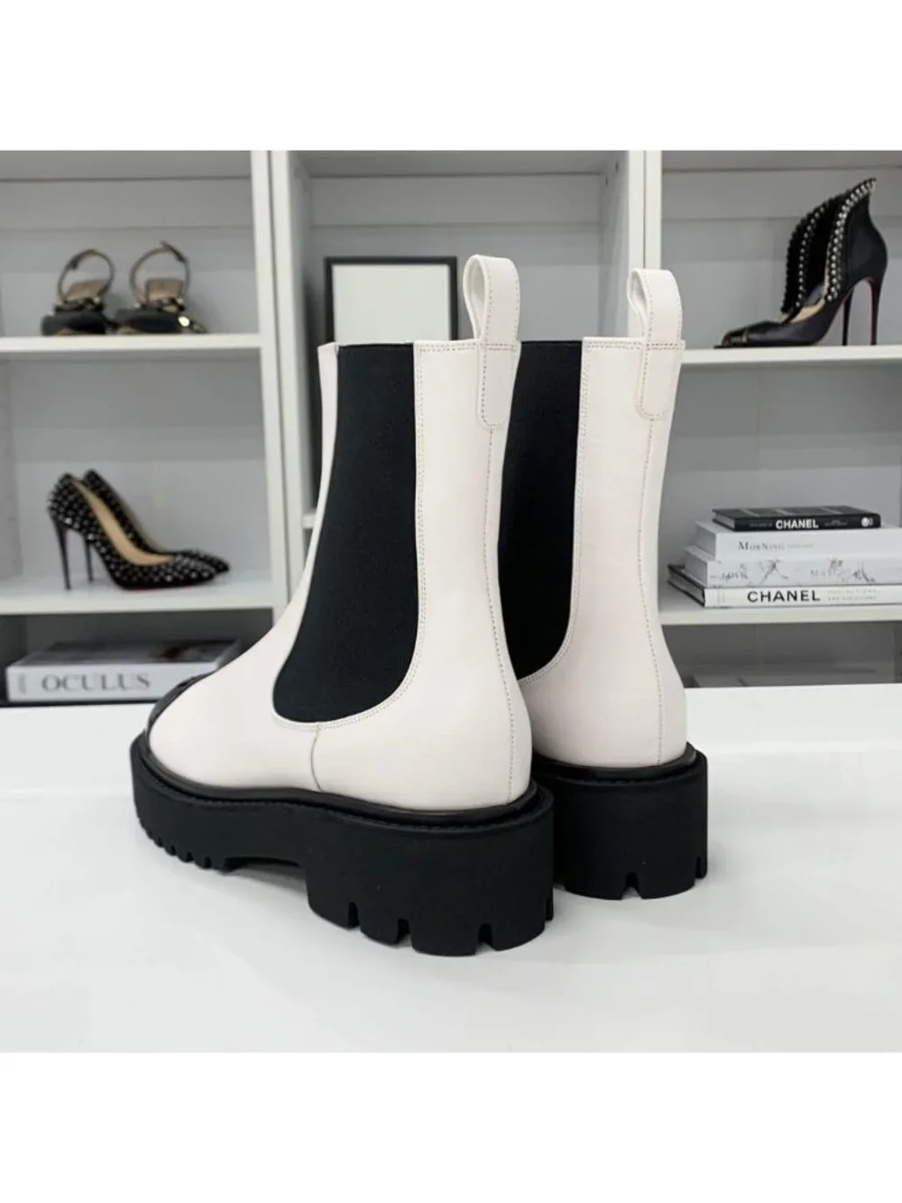 Chanel CC Logo Leather Patent Side Gore Short Boots White
